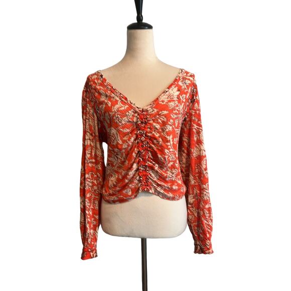 Free People- Say the word - red ruched floral crop top- Size Medium - Picture 1 of 3